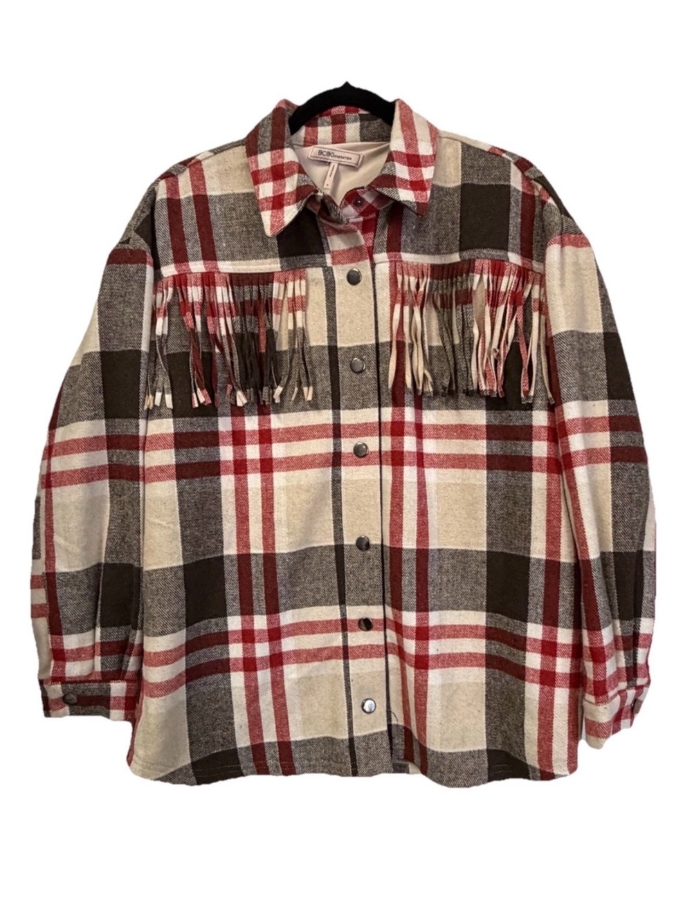 BCBGeneration Plaid Fringe Button Down Collared Jacket Brown Red Beige Women's M
